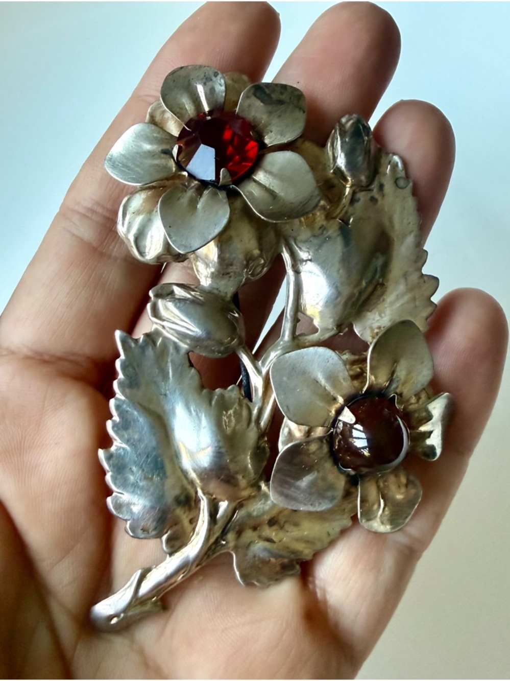 Vintage Gold Over Sterling Silver Large Red Cabochon Floral Bouquet Brooch Pin - Picture 11 of 16